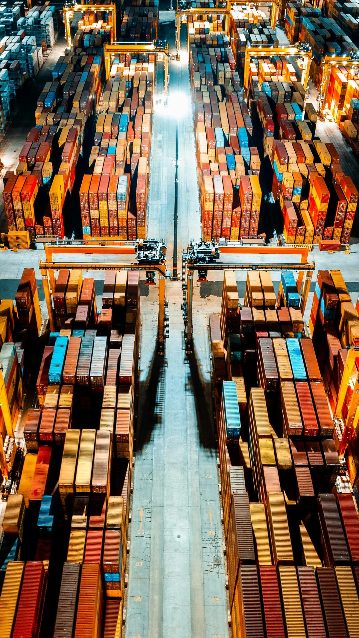 Aerial view of an intermodal container terminal at dusk
